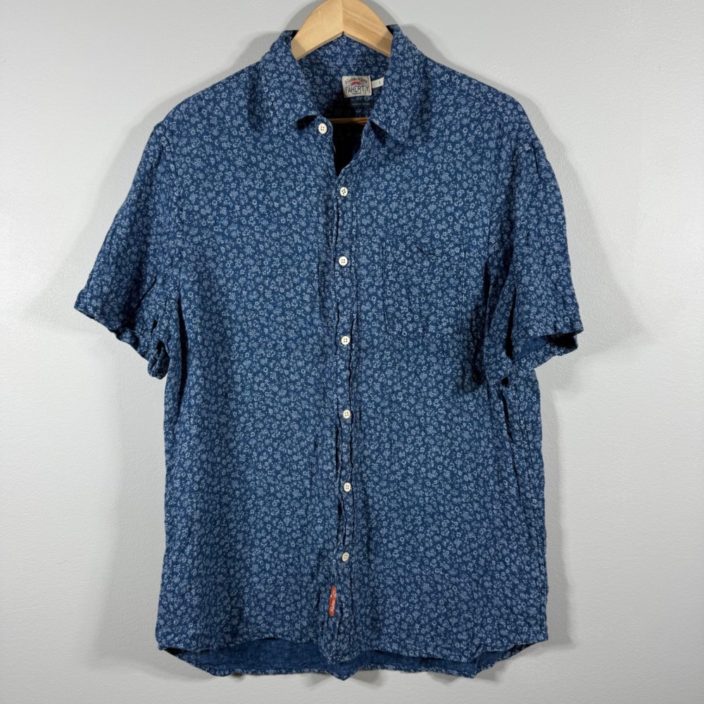 Faherty Floral Indigo Dyed Palma Linen Shirt Blue L